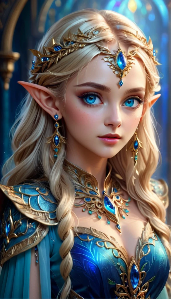 Full portrait image of a beautiful detailed elf woman, blonde hair, sapphire blue eyes, extremely detailed face and eyes, elegant, serene expression, petite feminine hands, intricate multicoloured fantasy jewelry, ornate fantasy dress, detailed portrait, (best quality,4k,8k,highres,masterpiece:1.2),ultra-detailed,(realistic,photorealistic,photo-realistic:1.37),vibrant colors,dramatic lighting