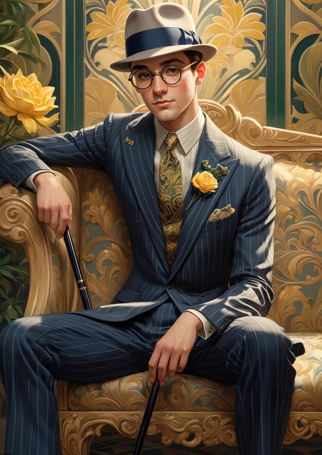 The main character is seated on a patterned bench with his legs crossed, leaning slightly forward. He is holding a cane in his left hand and a small, rectangular object in his right.
The central figure is a stylishly dressed man wearing a pinstripe suit, complete with a boutonniere and a dark fedora hat.
The background features stylized, ornate architectural elements, and floral patterns on the bench.
The image uses a rich palette of navy blue, emerald green, and golden yellow, accented with neutral tones of beige and gray.
The character is a young adult male, dressed in a 1920s-inspired fashion with a pinstripe suit, tie, and fedora hat. His expression is thoughtful, enhanced by thin-rimmed round glasses.
Scene or Activity:** The character appears to be waiting or resting in a luxurious, possibly indoor setting, evoking a sense of upper-class leisure.
Accessories and Props:** He has a floral boutonniere, a walking cane, and a pocket square. His right hand holds a thin object, possibly a ticket or a card.
The light source appears to be coming from the front-left, casting subtle shadows and highlighting the contours of his face and suit.
Perspective and Angle:** The viewpoint is at eye level with the character, focusing on his upper body and the bench, giving an intimate and detailed view.
The image is square, ideally suited for profile icons or decorative art prints.
The character exudes an air of sophistication and contemplation, surrounded by rich textures and patterns that suggest a luxurious setting. The intricate design of the background and bench contrasts with the sleek lines of his suit.
Square format, focusing primarily on the character and the immediate surroundings.
The image evokes an Art Deco style with its geometric patterns and luxurious textures, reminiscent of the Roaring Twenties.