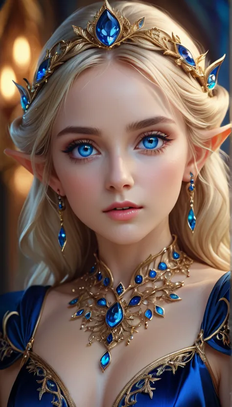 beautiful elf woman, blonde hair, sapphire blue eyes, extremely detailed face and eyes, elegant, serene expression, petite femin...