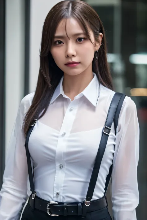 a woman in a suit, belt, hands behind back, sweating, suspenders, black pants, sexly, large breasts, see-through clothing, rain,...