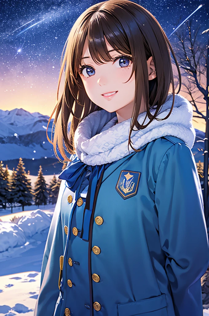 Nene Kasaki々、Shiny brown hair, short hair, (Beautiful brown eyes、Sparkling eyes, fine grain)、smile、Very fine eye、Highly detailed face, Highly detailed eyes,



Night sky above the hills. winter, winter colors, winter landscape, Starry Sky, Sky blue Prussian blue Cobalt blue Purple Cyan. planet, Shining Star, shooting star, Tree tops swaying in the wind, thre beautiful  girl in winter clothes observes the starry sky with a dreamy look.