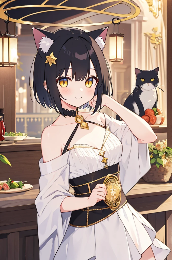 A boy with black hair and cat ears, Golden Eyes, Straight hair, short hair, Shoulder-length hair, Cute Smile, magician&#39;Cape, (Highest quality, 4K, 8k, High resolution, masterpiece:1.2), Very detailed, Solo Boy, Dramatic lighting, Very detailed, Facial Features, Complex fabric texture, Structure of the film