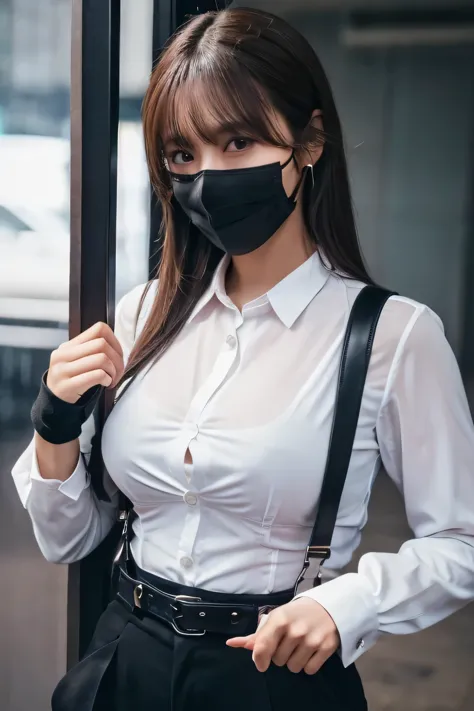 a woman in a suit, belt, hands behind back, sweating, suspenders, black pants, sexly, large breasts, see-through clothing, rain,...