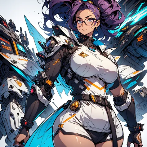 close-up of a chubby girl in a mecha bodysuit, ((character concept art)), ((character design sheet, same character, front, side,...