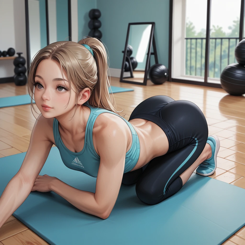 Wide shot, 150cm cute girl,(anatomically correct, fullbody, close eyes),sexy yoga wear,on all fours,
butt in the front,head in the back,from behind, yoga studio,mirror