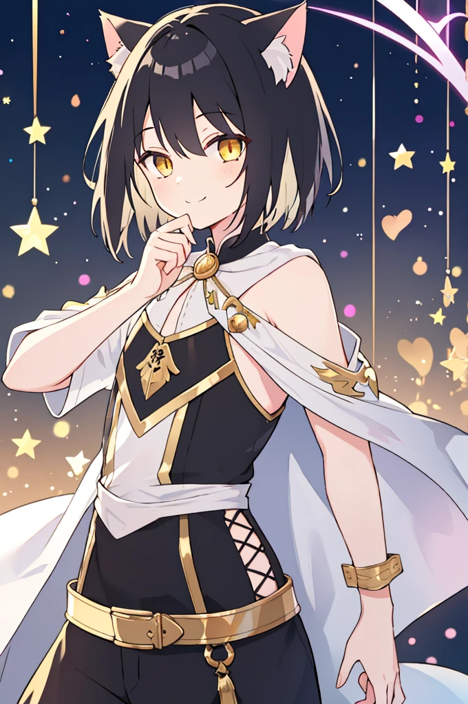 A boy with black hair and cat ears, Golden Eyes, Straight hair, short hair, Shoulder-length hair, Cute Smile, Magician&#39;s Cape, Short trousers, (Highest quality, 4K, 8k, High resolution, masterpiece:1.2), Very detailed, Solo Boy, Dramatic lighting, Very detailed, Facial Features, Complex fabric texture, Structure of the film