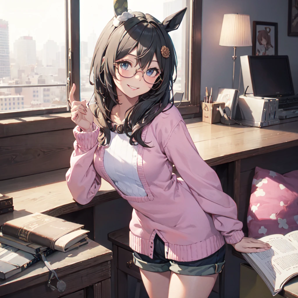 solo, Chest centered、Horse ear girl、Sexy pose、Beautiful breasts、Shorts、Wearing pink glasses、cheek、Pink Lips、smile、Pink Uniform、pink knit sweater