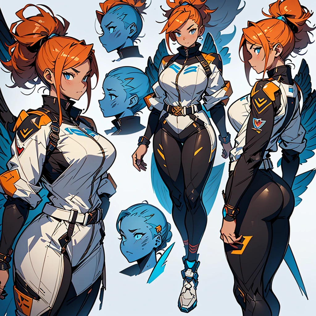 Close-up of a chunky girl in a mecha bodysuit, ((character concept art)), ((character design sheet, same character, front, side, back)) character art of maple story, video game character design, video game character design, maple story  chunky  girl, busty, girl wearing cute mecha hairpin on her head, pale orange hair, large ponytail, top ponytail  hairstyle, white glowing decoration on girl's mecha armor, expert high detail concept art, metal bullet concept art, funny character design, plump woman anime inspiration, sticky tar. Concept art, belt buckle at waist, mechanical weapon, mechanical wings