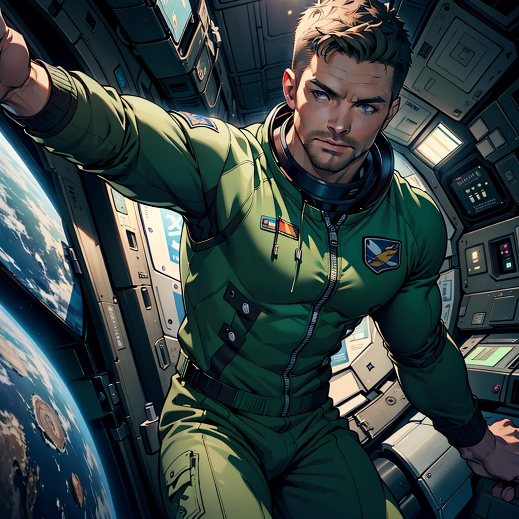 32k,masterpiece, best quality, detailed face, natural eyes,1man, solo mature man, muscled and mature, stephen amell as an astronaut wearing future space suit, dark green suit, showing muscles and bulge ,floating in the space inside a space shuttle , with "arrow" text and logo on his suit ,  full body, intricate Detailed background 