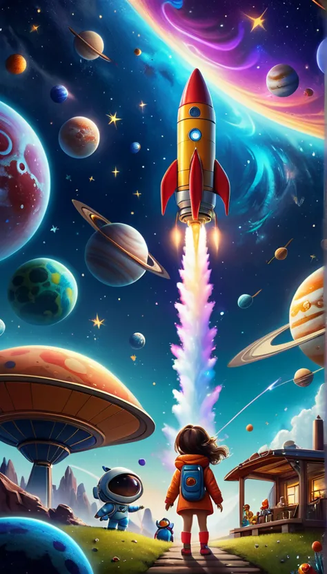 a whimsical illustrated digital art of cute characters in a cosmic scene, a rocket launching amidst planets and stars, in a cozy...