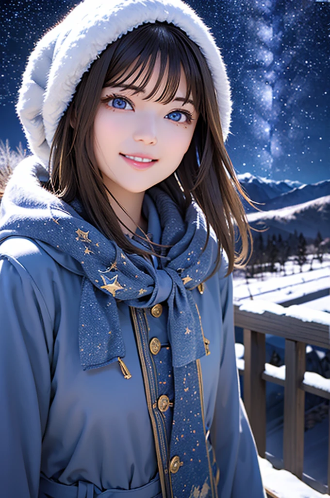 Shiny brown hair, short hair, (Beautiful brown eyes、Sparkling eyes, fine grain)、smile、Very beautiful eyes、Highly detailed face, Highly detailed eyes,
Night sky above the hills. winter, winter colors, winter landscape, Starry Sky, Sky Blue Prussian Blue Cobalt Blue Purple Cyan. planet, Twinkle Star, shooting star, wood々is fluttering in the wind, thre beautiful  girl in winter clothes observes the starry sky with a dreamy look.