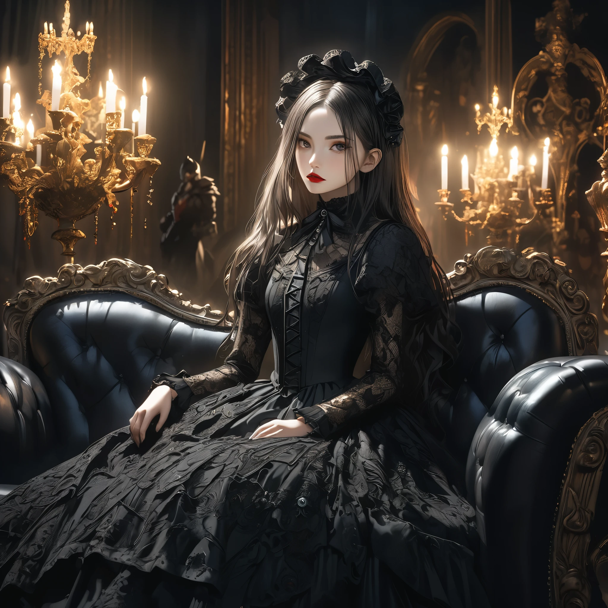 a beautiful gothic lolita girl, sitting alone on a black sofa, wearing a detailed black dress with white lace, surreal, high resolution, extremely detailed, most detailed, red lips, and gothic knight,standing girl size,baroque, intricate, cinematic lighting, dramatic composition, rich textures, vivid colors, photorealistic, "goth girls" style