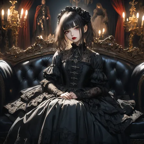 a beautiful gothic lolita girl, sitting alone on a black sofa, wearing a detailed black dress with white lace, surreal, high res...