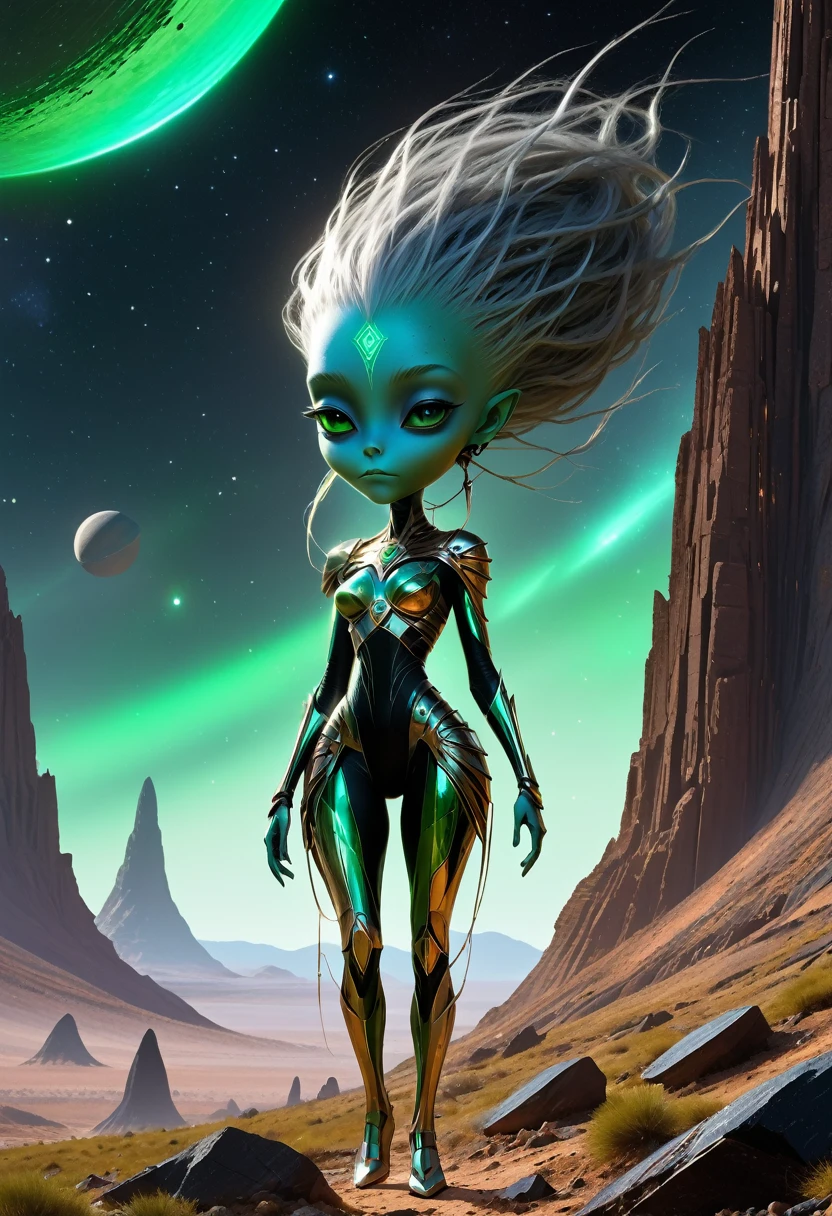 An image of a tall (slender alien with smooth silver skin) standing in a clearing on an unknown distant planet, nearby (a pyramidal spaceship made of black granite and copper). an oval face with clear cheekbones, a green dreadlocks hairstyle, beautiful black eyes that look into the soul of the viewer, look directly at the viewer. Slender, beautiful figure of an alien, gray skin with a metallic sheen, small breasts, wide hips, long legs, posing in front of a starry space ship