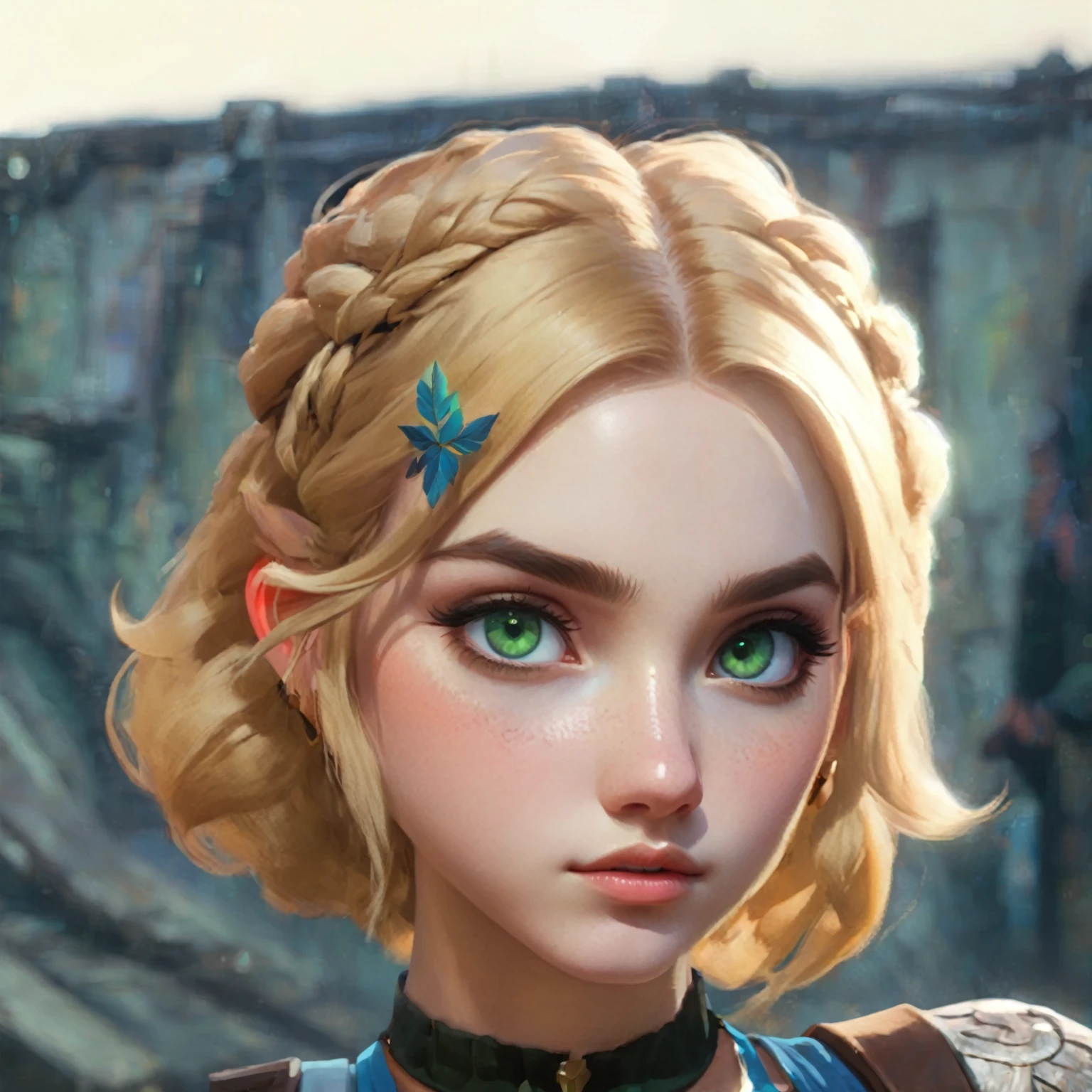 Zelda from legend of zelda, A delicate, pale-skinned girl with soft features, deep green eyes, and golden hair, dressed in a diesel punk style inspired by the art of Guweiz and Jules Chéret, 1girl, extremely detailed eyes and face, longeyelashes, high quality, 8k, studio lighting, physically-based rendering, vivid colors, intricate details, elegant, graceful, fantasy, portrait