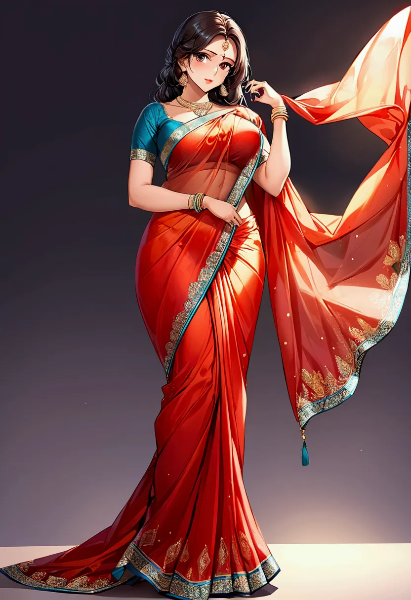 one woman in saree hot figure out the full body indian women big boobs and red colour