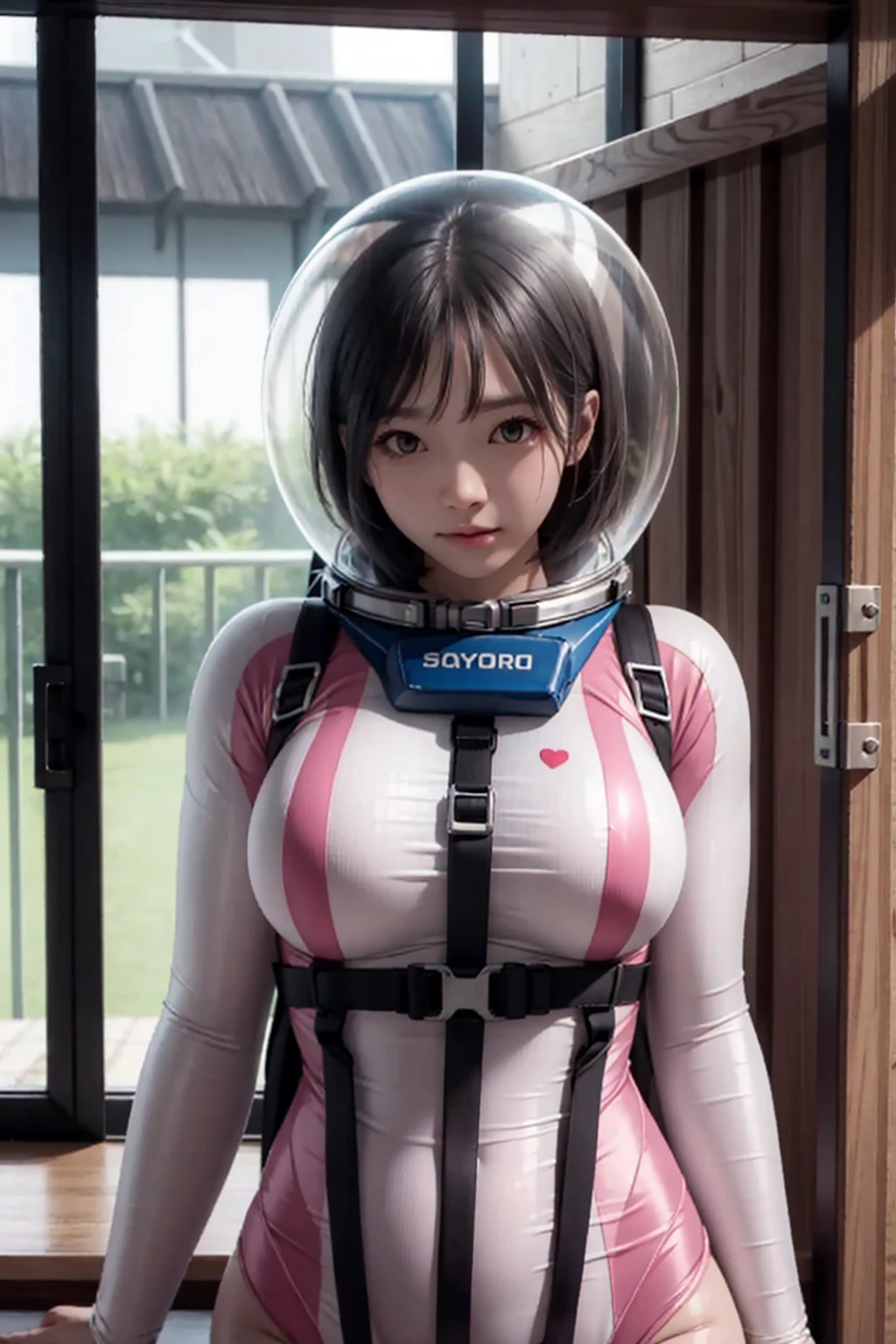 SWIMSUIT, BODYSUIT, space helmet , , indoors,ROOM, masterpiece, best quality, 1girl, solo, short hair, , ,(heart sayings:1.2), , trembling, HARD TO BREATH,, UPPER BODY