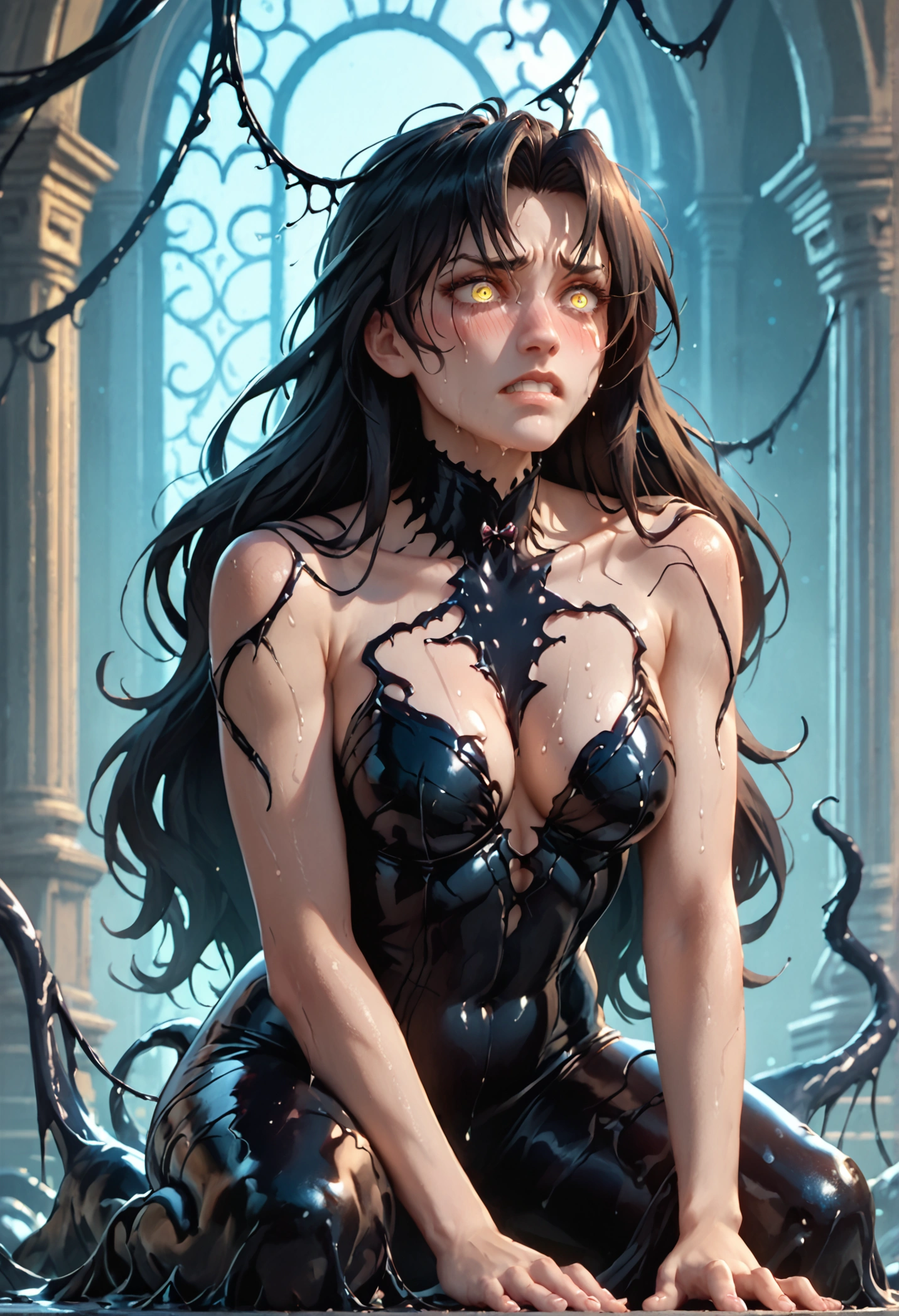 score_9, score_8_up, score_7_up, score_6_up, uncensored, dominique de sade, long hair, black hair, parted bangs, yellow eyes, BREAK detailed eyes, (perfect hands, perfect anatomy), detailed skin texture, (blush:0.5), (goosebumps:0.5), subsurface scattering, cinematic, Sharp focus, humorous illustration, big depth of field, Masterpiece, concept art, trending on artstation, Vivid colors, Simplified style, trending on ArtStation, trending on CGSociety, Intricate, Vibrant colors, Soft Shading, Simplistic Features, Sharp Angles, Playful, excessive sweating, sweating profusely, sweating drop BREAK, medium breasts,  venom_assimilation, transformation, dehumanization, tentacles, kneeling, corruption, clenched teeth, embarrassed, blush face, bound, half-closed eyes, 
