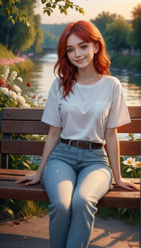 a girl with red hair, sitting on a bench, wearing a white shirt and baggy jeans, with a discreet smile and a cute look, surround...