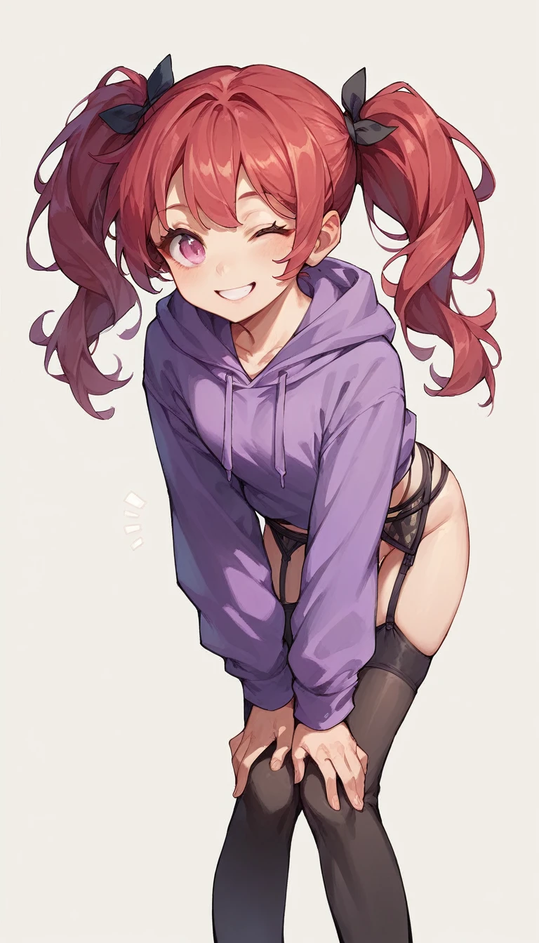 1girl, (red hair, pigtails, pink eyes, purple hoodie, black miniskirt, black garter belt, black thigh-high stockings, black plimsolls) (leaning forward, hands on knees) (winking, smiling)