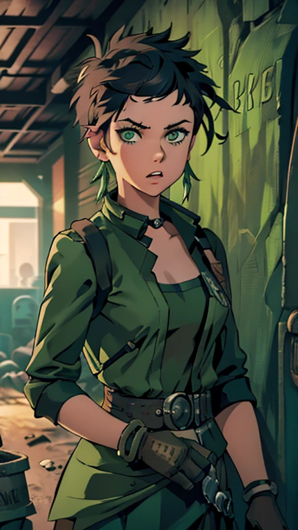 ((1girl, ppgzbtc), (extremely detailed CG unit 8k wallpaper),(master part), (best quality), (ultra detail), (best illustration),(kirbywood, drawing, vintage color comics), cowboy shot, (Sharp eyeliner, ombre, detail eyes:1), ground,  break ,(99post96apocalyptic44), standing, upper body, standing, (abandoned post-apocalypse shelter in the jungle), (green eyes, short hair, earrings)