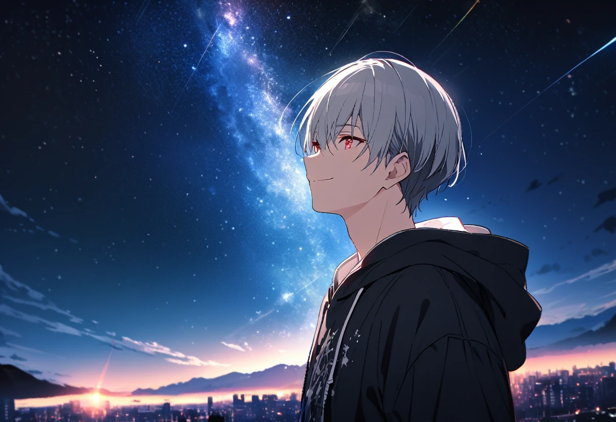 good looking, alone, 1 male, Gray Hair, Red eyes, shirt, Black and white hooded, noon, White Light,cute目,Short hairstyle,cute,Falling from the sky,Beautiful starry sky,Many Stars,月が綺麗なnight,night,Glittering scenery,dark,A sky with beautiful stars,looking at the camera,Thrust your fist up into the sky,smile,