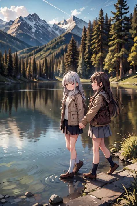 girls walk in a forest, majestic mountain, golden hour, snow-capped peaks, serene lake, clear reflection, calm water, tall pine ...