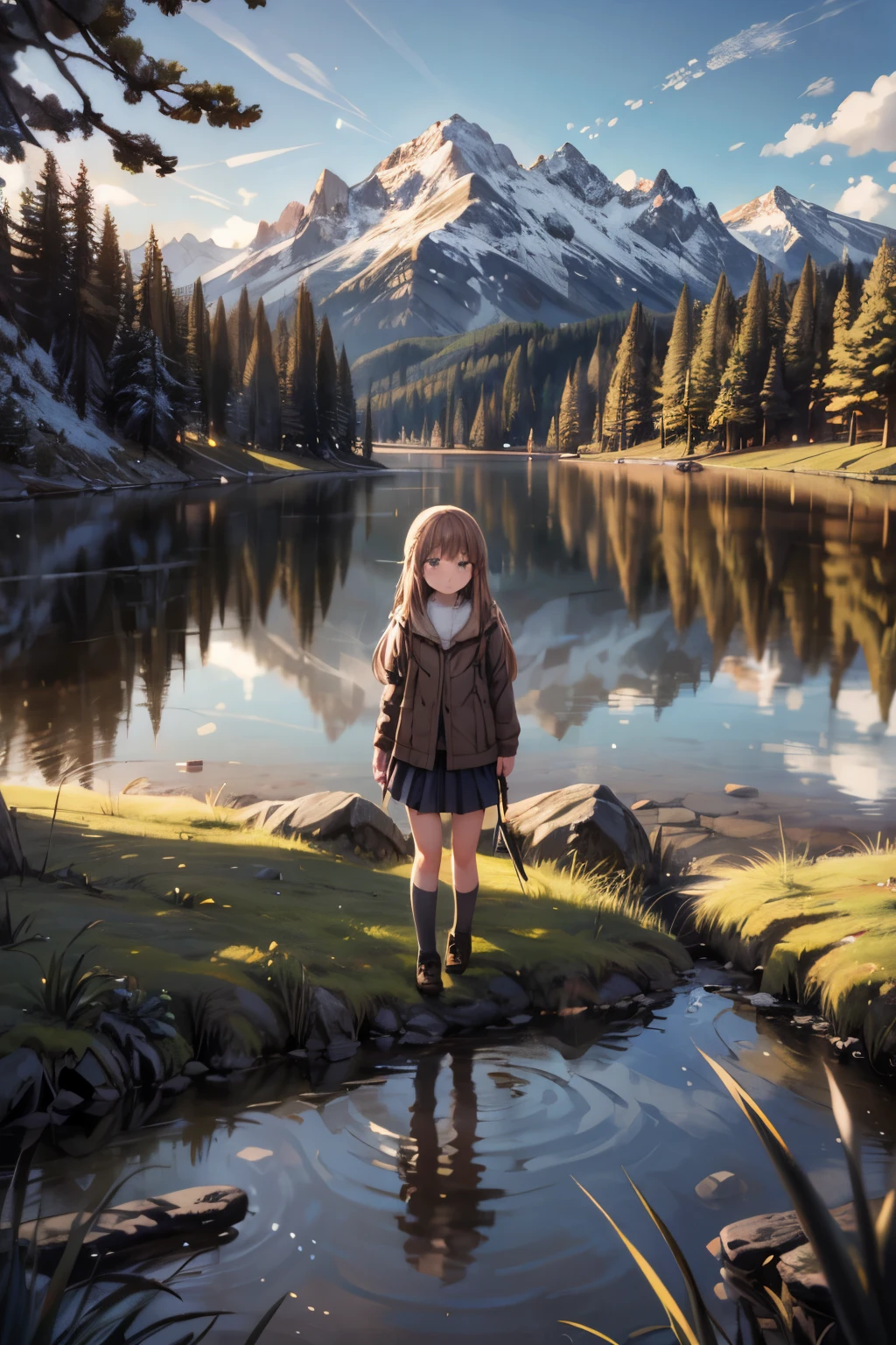 girls walk in a forest, majestic mountain, golden hour, snow-capped peaks, serene lake, clear reflection, calm water, tall pine trees, natural scenery, outdoor, soft warm light, shadows on mountains, tranquil atmosphere, wide-angle shot, deep depth of field, sharp focus on entire landscape, balanced exposure, soft pastel sky, clouds above mountains, girl walk in the forest,