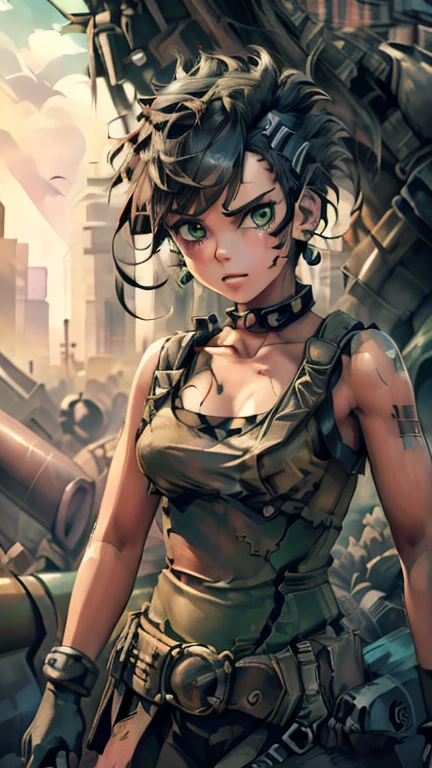 ((1girl, ppgzbtc), (extremely detailed CG unit 8k wallpaper),(master part), (best quality), (ultra detail), (best illustration),(kirbywood, drawing, vintage color comics), cowboy shot, (Sharp eyeliner, ombre, detail eyes:1), ground,  break ,(99post96apocalyptic44), standing, upper body, standing, (SZ_4po enviroment, outdoor), (green eyes, short hair, earrings)