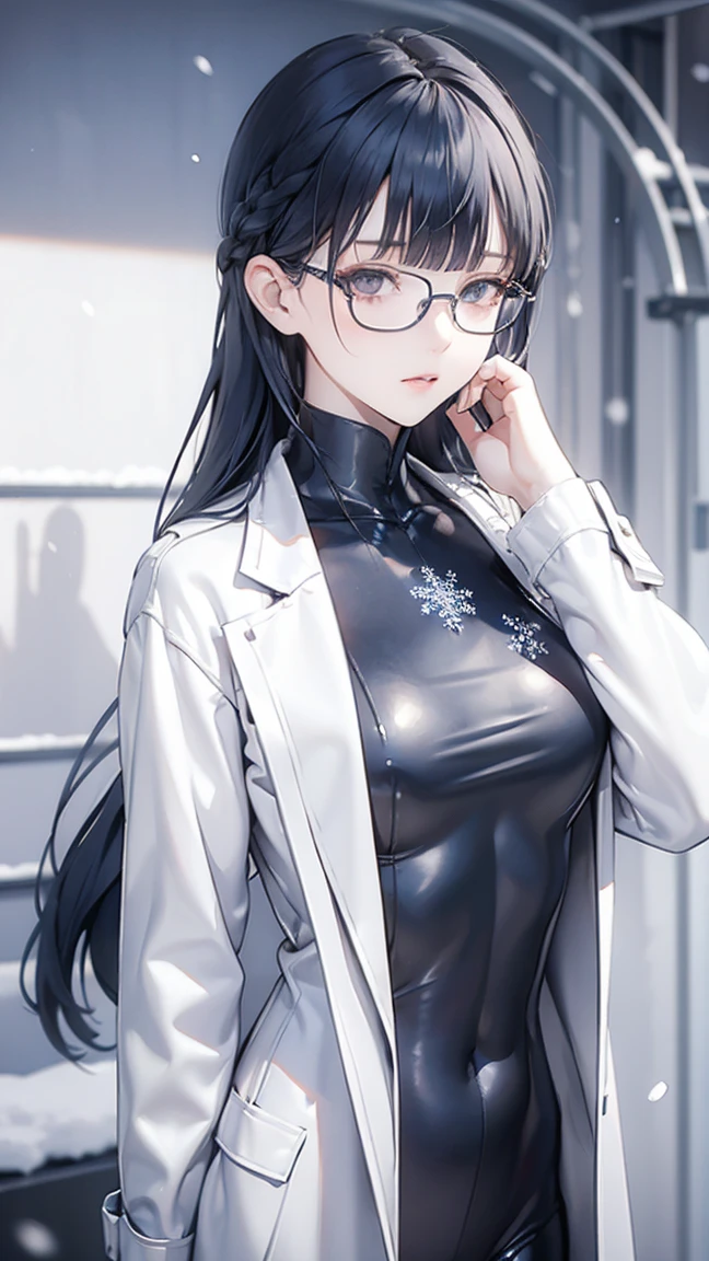 UHD, accurate, ((masterpiece)), ((high details)), high quality, textured skin, high detailed face, Cyberpunk, inhabitant of the digital world, White coat, trench coat, iridescent metal suit, Colorful costumes, backgrounds (Snowy scenery, snowy landscape, snowflakes), ((navy hair)), blunt bangs, expressive hair, Glasses, glasses(Wellington model), Long, slender limbs, Hair-pulling pose