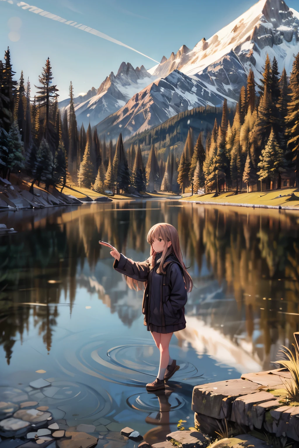 girls walk in a forest, majestic mountain, golden hour, snow-capped peaks, serene lake, clear reflection, calm water, tall pine trees, natural scenery, outdoor, soft warm light, shadows on mountains, tranquil atmosphere, wide-angle shot, deep depth of field, sharp focus on entire landscape, balanced exposure, soft pastel sky, clouds above mountains, girl walk in the forest,