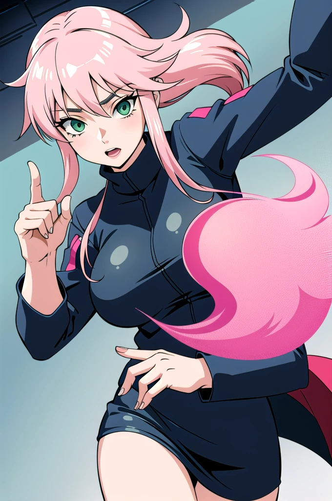 Adult woman with light pink hair, green eyes and ninja outfit