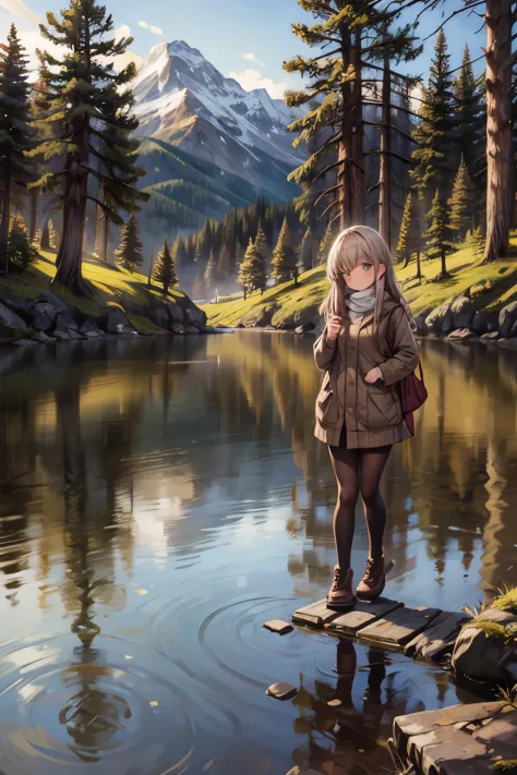 girls walk in a forest, majestic mountain, golden hour, snow-capped peaks, serene lake, clear reflection, calm water, tall pine ...