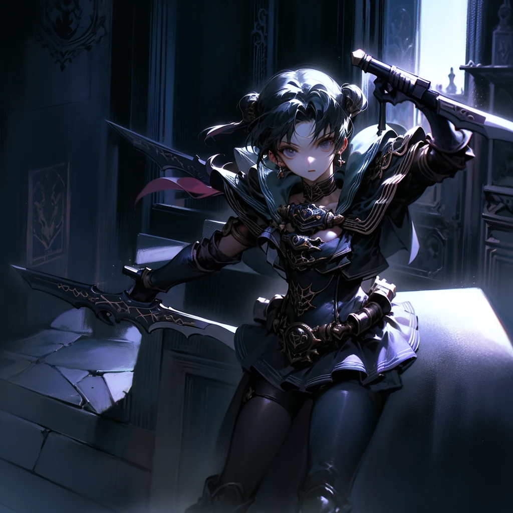 最high quality、high quality、Leather clothing and skirts、Dark blue armor、Girl Adventurer、Climb the stairs of the underground dungeon、Equipped with a dagger and a leather shield、