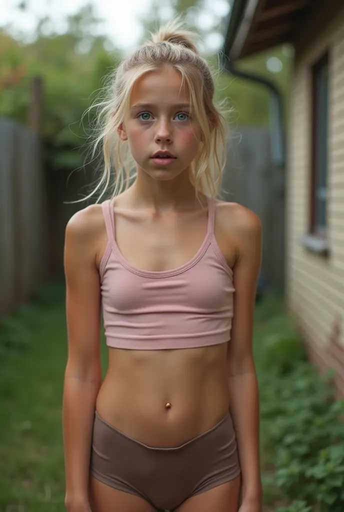 very cute and sexy girl, 15 years, most beautiful face ever seen, well shaped breasts, surprised expression, mouth a little bit open, upper teeth visible, ultra realistic photo, blond flat hair, ponytail some streaks, wearing a tight sleeveless light rose shirt and brown hotpants. standing on the backyard of an abandoned house, upper body view, surprised, no smile