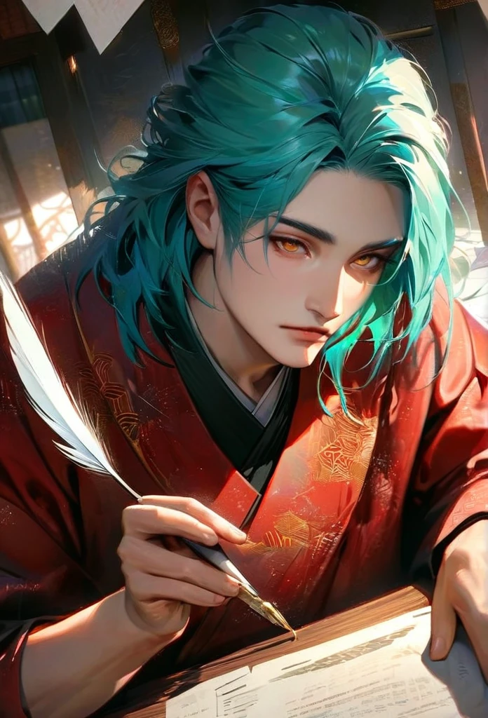 {MALE, MAN, YOUNG ADULT MAN } absurdres, highres, ultra detailed, HDR, master piece, best quality, extremely detailed face and eyes, perfect face, realistic face, beautiful eyes, Jiyan, aquamarine hair, expressive golden eyes, red jacket, black shirt, patterns, solo, man, handsome. Ancient Japan style. He is sitting behind a desk, an open scroll in his hands. On the desk are several documents, a quill pen and other office supplies. {Distant angle camera }{ Dark aquamarine HAIR} {Gold Eyes}