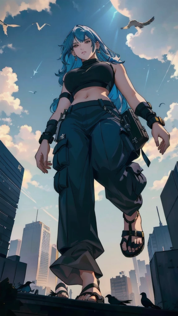 confident, medium-length wavy hair, black crop top, loose-fitting cargo pants, black sandals, dangling earrings, standing with legs apart, looking slightly upwards, outdoors, city skyline, skyscrapers, partly cloudy skies, birds flying, light coming from above, strong shadows, urban adventurous atmosphere, low angle, wide-angle, vivid colors, dynamic perspective, balanced exposure.