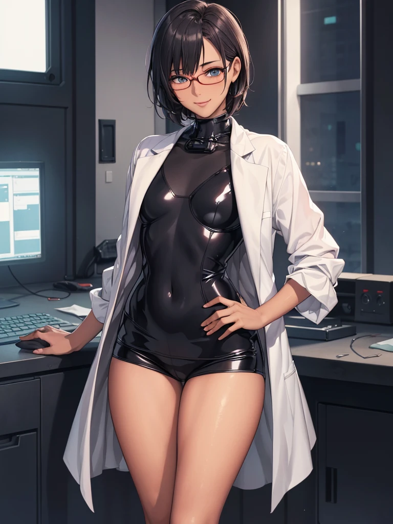 (masterpiece:1.2), highest quality, High resolution, unity 8k wallpaper, (fine and beautiful eyes:1.6), highly detailed face, perfect lighting, Detailed CG,female solo, glasses,very short_hair,blunt_bangs, turtleneck,smile, white long lab coat,black shirt, ,red shorts,goggles_on_head, cyberpunk, night_sky, (flat_chest),dark skin,(Roll up long lab coat sleeves),in lab,(wide hips:1.2),Oda Non Artstyle