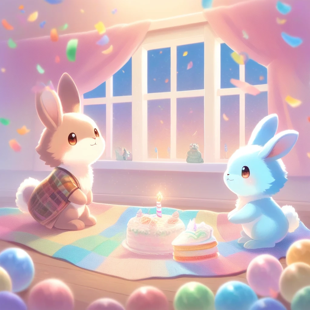 cuteAn illustration,Rabbitの幼稚園,Rabbitの親子:animal:cute:approach:Comfortable and warm:looks happy,An illustration,pop,colorfulに,color,,Lamp light,Rabbitの親子:Dreaming happily,The room is warm and full of happiness..,,colorful,Fancy,Fantasy,patchwork:quilt,detailed explanation,fluffy,Randolph Caldecott Style,Rabbit,最高にcuteRabbit,fluffyRabbit,birthday,birthdayケーキ,Sparkling,Magical Effects,Magic Light,Magical Effects,Dream world,Wall Decor,celebration,Confetti,