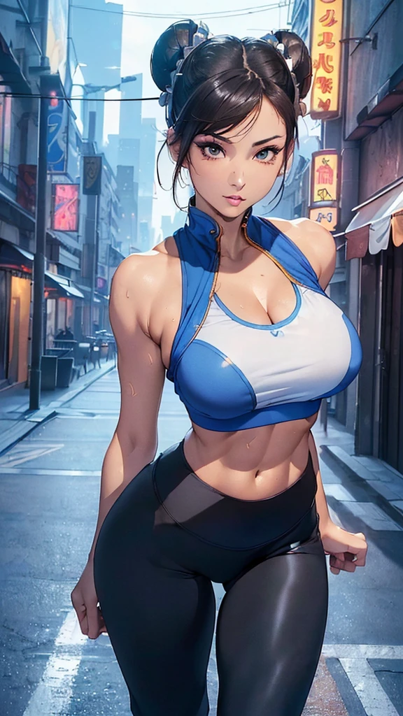 (masterpiece, high resolution, 4K,8K, best quality, ultra detailed ), perfect anatomy, (a woman, (Chun-Li:1.2), athletes, very short hair ) ,(((royal blue top)), nice track jacket on the top:1.1 that track jacket is opened ), ((wearing black workout leggings:1.3) ,(((black side string of panties is shown at her waist from black leggings))), sweating, the background are buildings dazzling neon light, (sexy body) , (sexy ,beautiful, detailed face, detailed eyes, natural makeup, attractive face ), athlete body, front view, standing attractive pose, looking at camera , good applying makeup, medium breasts, cleavage, midriff peek and abs, glistening skin, detailed background 