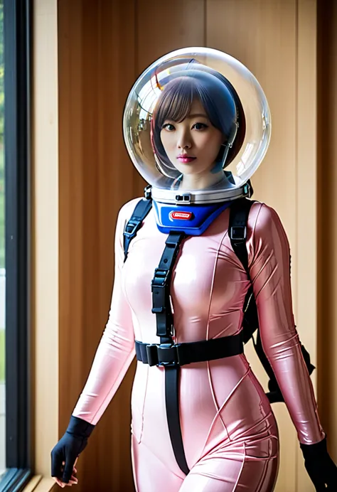 bodysuit, bubble helmet , , indoors,room, masterpiece, best quality, 1girl, solo, short hair, , ,, upper body