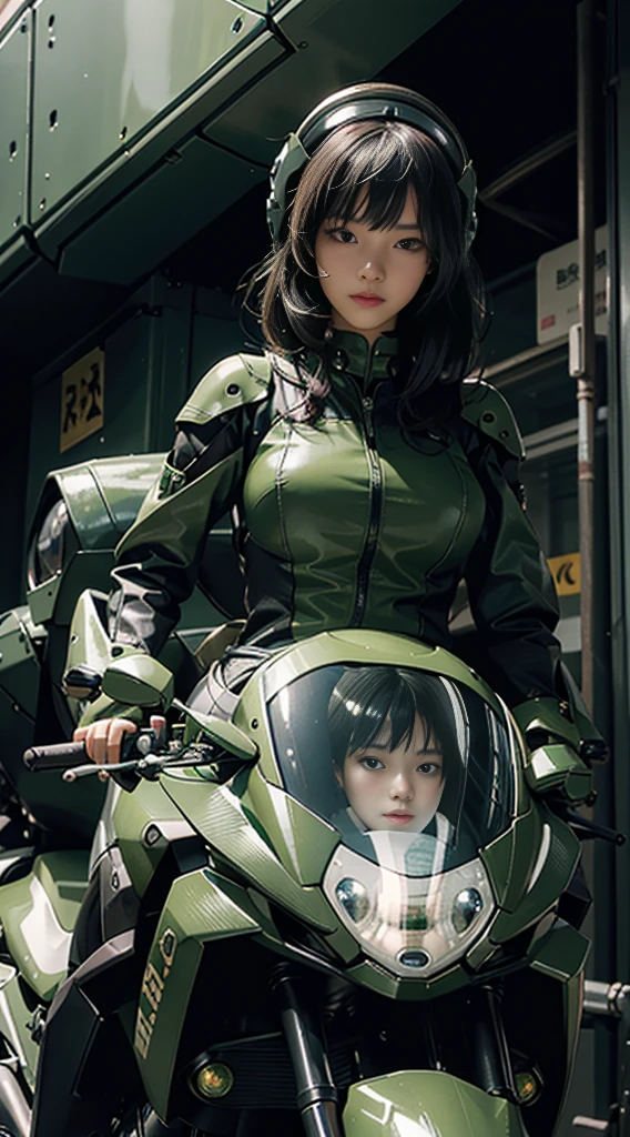 Highest image quality, outstanding details, ultra-high resolution, (realism: 1.4), the best illustration, favor details, highly condensed 1girl, with a delicate and beautiful face, dressed in a black and green mecha, wearing a mecha helmet, holding a directional controller, riding on a motorcycle, the background is a high-tech lighting scene of the future city.