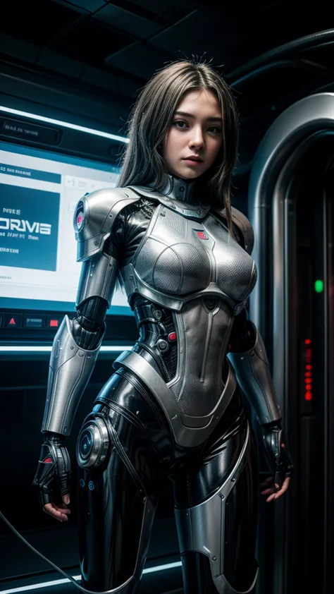 the image features a young woman in a futuristic setting, standing in front of a large robotic machine.