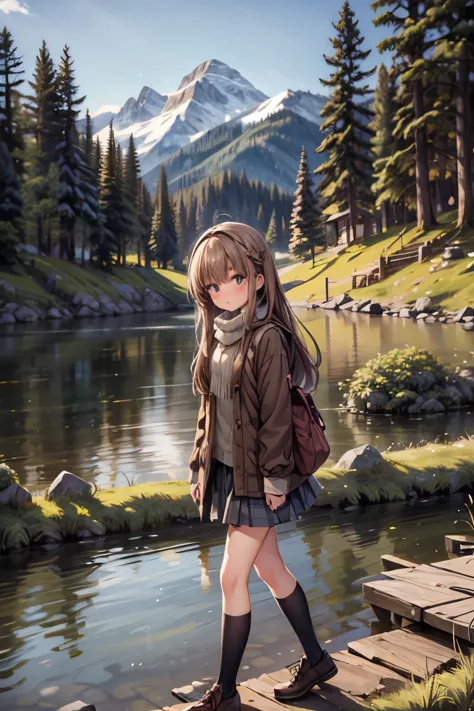 girls walk in a forest, majestic mountain, golden hour, snow-capped peaks, serene lake, clear reflection, calm water, tall pine ...