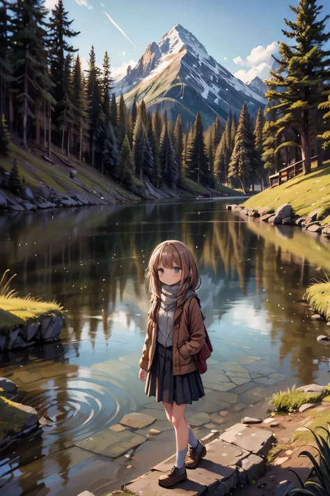 girls walk in a forest, majestic mountain, golden hour, snow-capped peaks, serene lake, clear reflection, calm water, tall pine ...