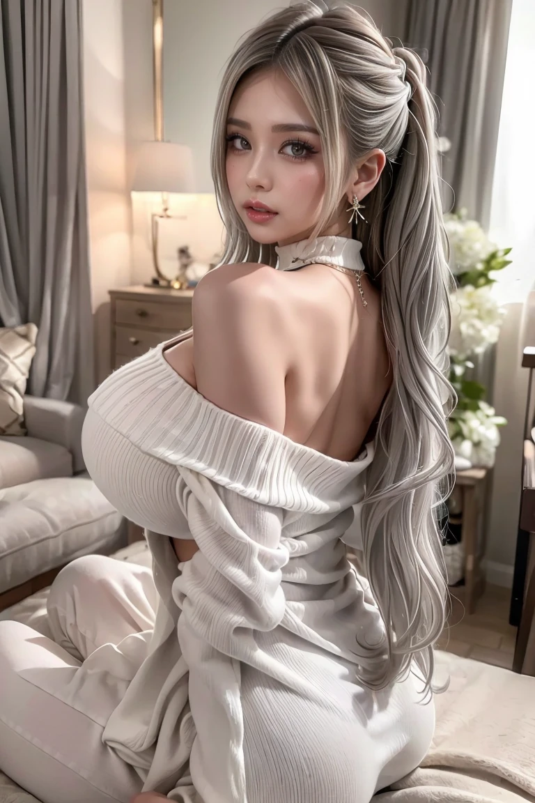 （8k，masterpiece：1.2），（Hyper Detail，超リアルな8k CG，amazing），（Long wavy white hair）：1.3，Beautiful and fine details，Perfect Proportions，Shining Eyes，light makeup，Choker Necklace，earrings），One huge breasted girl，Gray Hair，Purple eyes，Glowing Eyes，Cozy living room，backless sweater dress，Raised to be sexy，The transformation is revealed，Attractions，Fascinating，Beautiful magical arrangement，And a gorgeous streamer