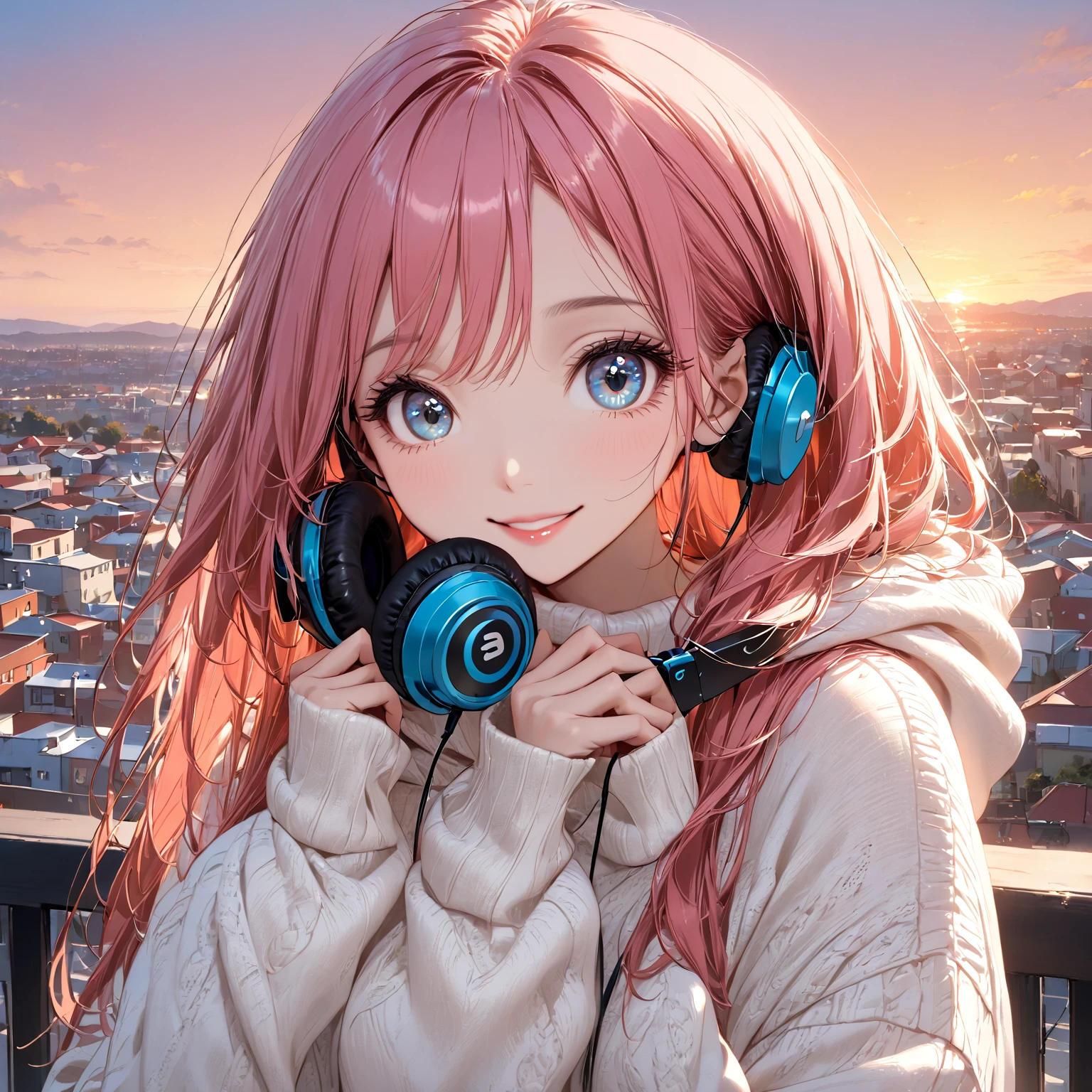 A woman with headphones and a hooded sweater. Super beautiful, pink lips, big eyes, eyes of various colors, long eyelashes, smile. Nice smile, beautiful face. Short stature, looking happy. pink hair, long hair. hands inside the sweater. white sweater Urban landscape. Sunset.