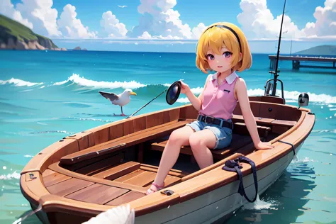 (summer pier), blue sea, deep blue sky, white cloud, (satoko hojo), woman, alone, yellow hair, blonde, purple eyes, short hair, ...