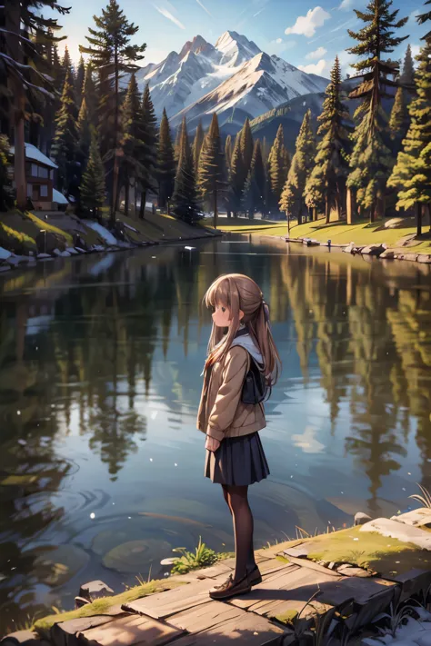 girls walk in a forest, majestic mountain, golden hour, snow-capped peaks, serene lake, clear reflection, calm water, tall pine ...