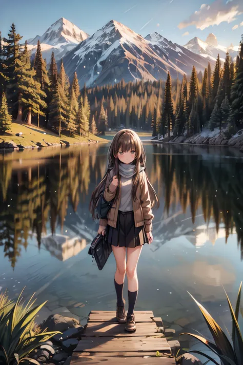 girls walk in a forest, majestic mountain, golden hour, snow-capped peaks, serene lake, clear reflection, calm water, tall pine ...